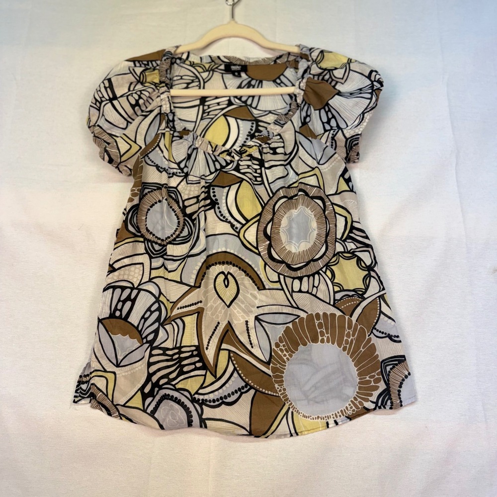 Mossimo Women Abstract Floral Geometric Print Puff Sleeve Blouse Brown Tan S